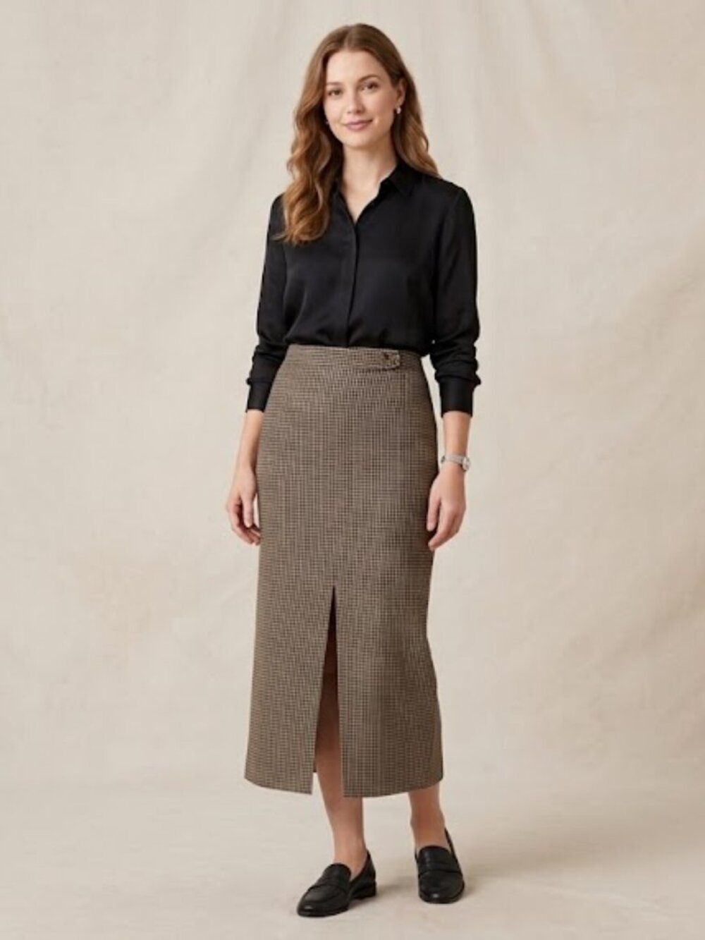Houndstooth Tweed Pencil Midi Skirt 4 S Brown Black Equestrian Wool Academia